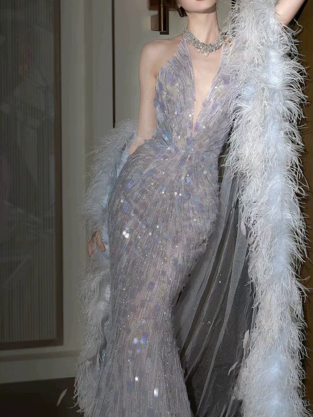 Robe de bal sirène dos nu sans manches à sequins, inspiration robe de soirée longue pour un 21e anniversaire AB2285