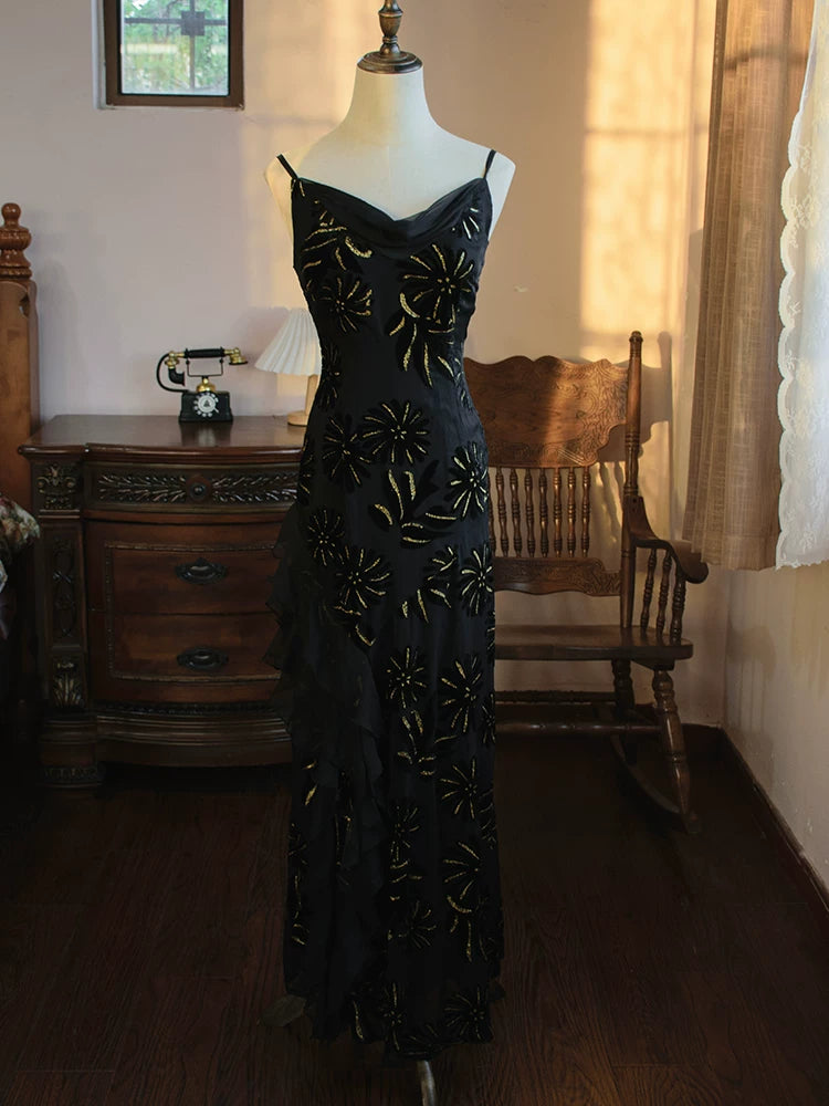 Robe de bal sirène vintage années 1960, bretelles spaghetti, en mousseline noire, inspiration robe de soirée longue, tenue pour un 18e anniversaire AB2387