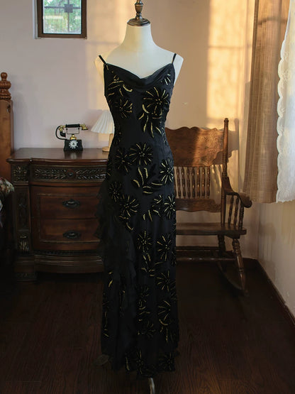 Robe de bal sirène vintage années 1960, bretelles spaghetti, en mousseline noire, inspiration robe de soirée longue, tenue pour un 18e anniversaire AB2387