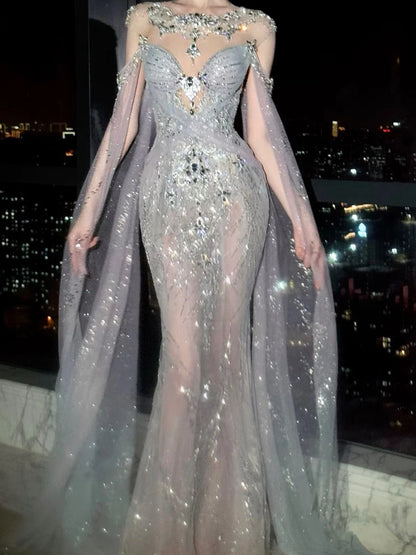 Robe de mariée sirène à paillettes, col rond, manches longues, cape, sequins gris argenté, robe de mariée cintrée AB2336