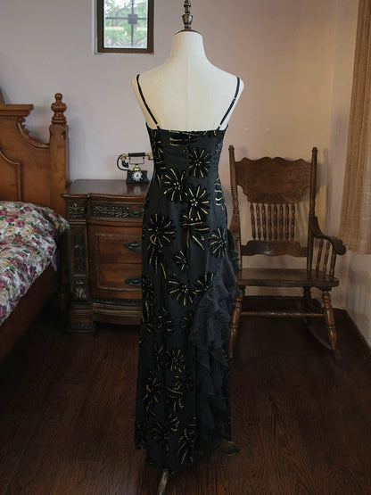 Robe de bal sirène vintage années 1960, bretelles spaghetti, en mousseline noire, inspiration robe de soirée longue, tenue pour un 18e anniversaire AB2387