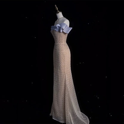 Elegantes, elegantes Meerjungfrauen-Abendkleid mit schulterfreiem Schnitt, champagnerfarbenen Akzenten und kurzen Ärmeln – langes, formelles Abendkleid AB2334