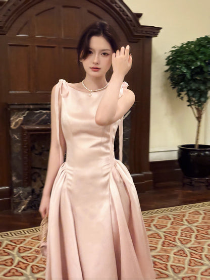 Robe de bal rose satinée, coupe trapèze, col rond, longueur cheville, idéale pour une soirée d'anniversaire ou un 17e anniversaire (AB2498)