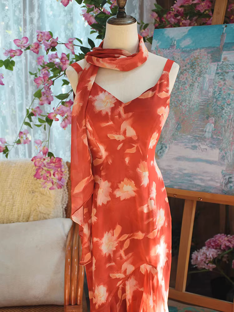 Robe de bal vintage années 1950, sirène, col en V, en mousseline à fleurs avec foulard, inspiration robe de soirée longue, tenue pour un 18e anniversaire AB2378