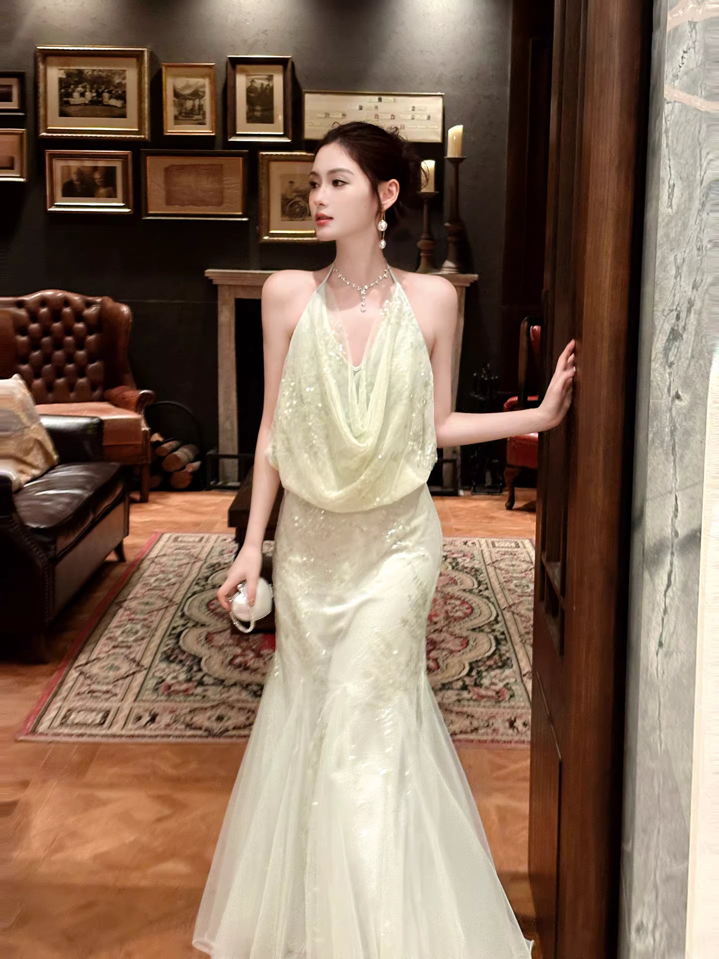 Robe de bal sirène sexy à sequins vert menthe, dos nu, longueur cheville, robe d'invitée de mariage, tenue pour un 20e anniversaire AB2479