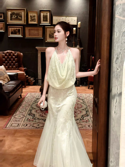 Robe de bal sirène sexy à sequins vert menthe, dos nu, longueur cheville, robe d'invitée de mariage, tenue pour un 20e anniversaire AB2479