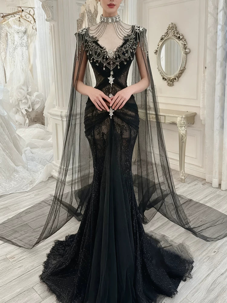 Robe de bal modeste, inspiration sirène, col en V, tulle noir, manches longues, cape, robe de soirée longue AB2337
