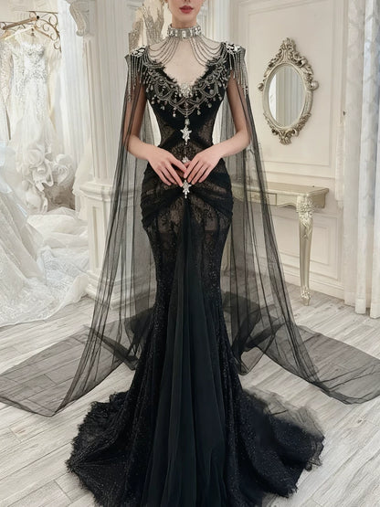 Robe de bal modeste, inspiration sirène, col en V, tulle noir, manches longues, cape, robe de soirée longue AB2337