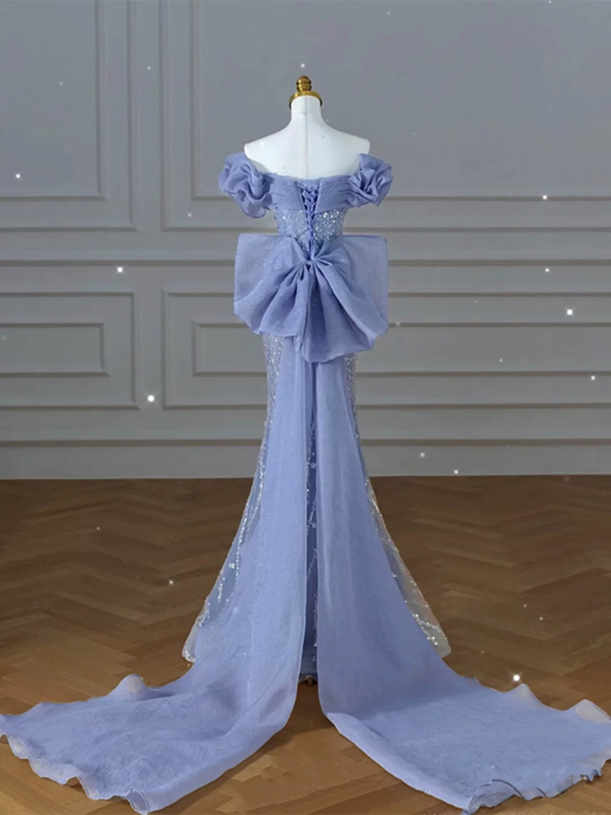 Robe de bal modeste, style sirène, épaules dénudées, bleue, inspiration style, manches courtes, robe de soirée longue AB2333