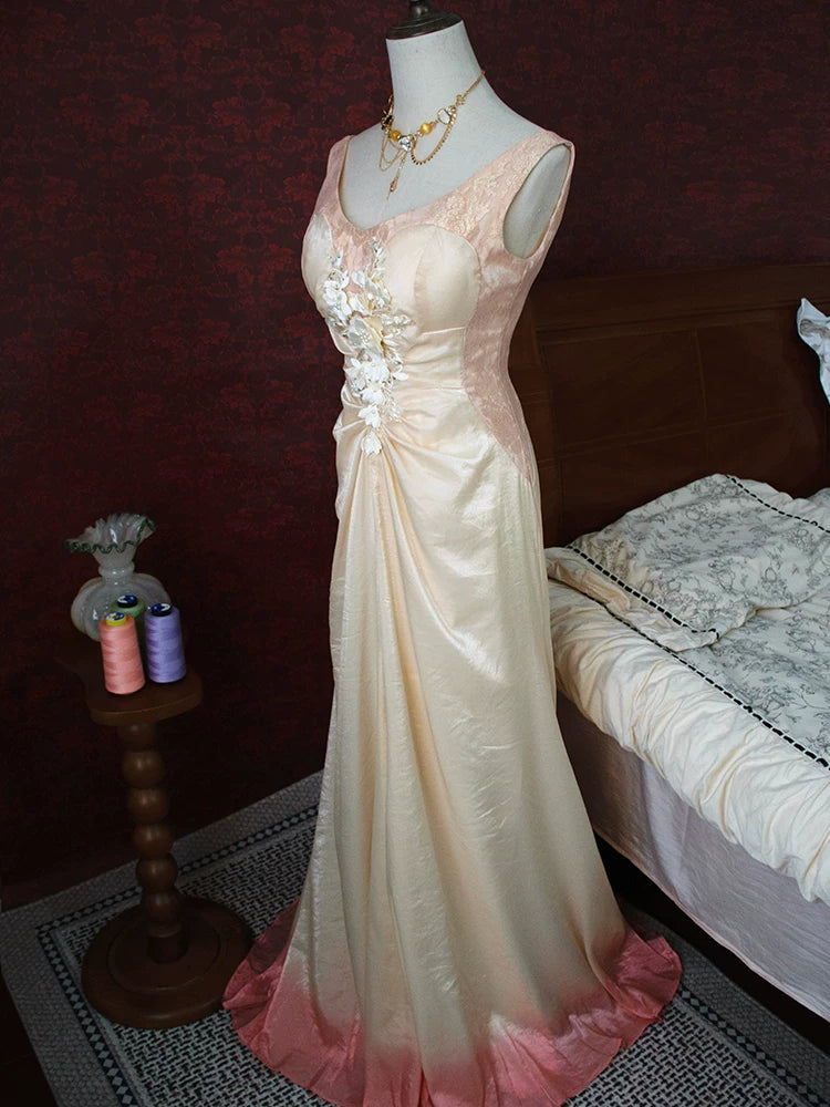 Robe de bal sirène rose à col en V et dentelle fleurie, inspiration années 1960, robe de soirée longue idéale pour un 18e anniversaire (AB2380)