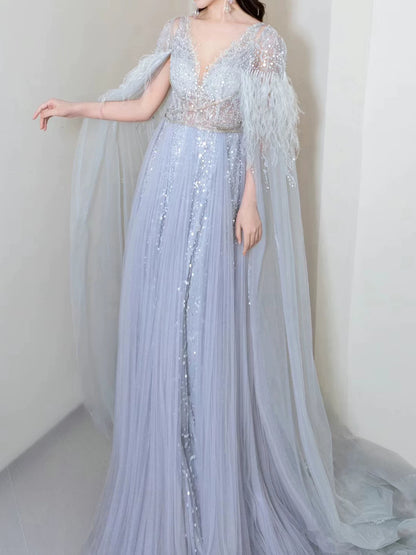 Robe de bal élégante en tulle bleu ciel clair, coupe trapèze, col en V, inspiration robe de soirée longue pour un 19e anniversaire AB2300