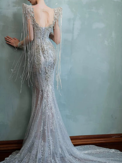 Robe de bal sirène scintillante à décolleté cœur, ornée de sequins et de perles, manches longues, inspiration robe de soirée longue, tenue pour un 20e anniversaire AB2303