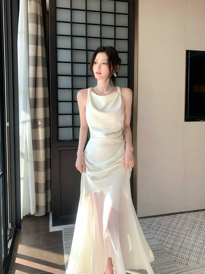 Robe de bal longue en satin satiné, col bénitier sirène, longueur cheville, idéale pour une soirée d'anniversaire ou un événement festif (AB2414)