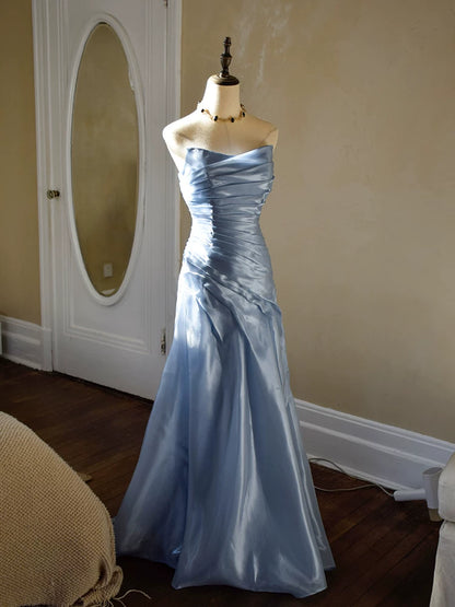 Robe de bal longue bleue sirène vintage sans bretelles avec plis, inspiration robe de soirée, tenue pour un 18e anniversaire AB2369
