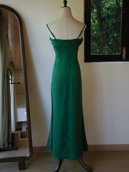 Robe de bal vintage années 60, coupe trapèze, bretelles spaghetti, vert foncé, inspiration robe de soirée longue, tenue pour un 18e anniversaire AB2385
