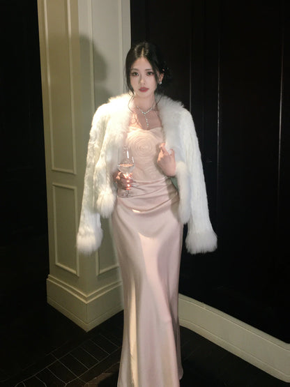 Robe de bal sirène sexy à fines bretelles en satin rose, robe d'invitée de mariage, tenue pour un 20e anniversaire AB2464