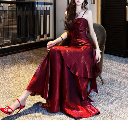 Elegantes, burgunderrotes Meerjungfrauen-Abendkleid mit Spaghettiträgern, ideal für Highschool-Absolventinnen, Tanzveranstaltungen und den 20. Geburtstag (AB2502).
