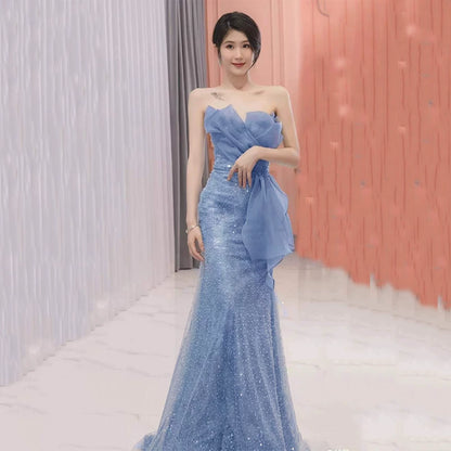 Modest Mermaid Strapless Dusty Blue Sequins Prom Dresses Inspiration Long Party Night Evening Dress 20th Birthday Outfits AB2330