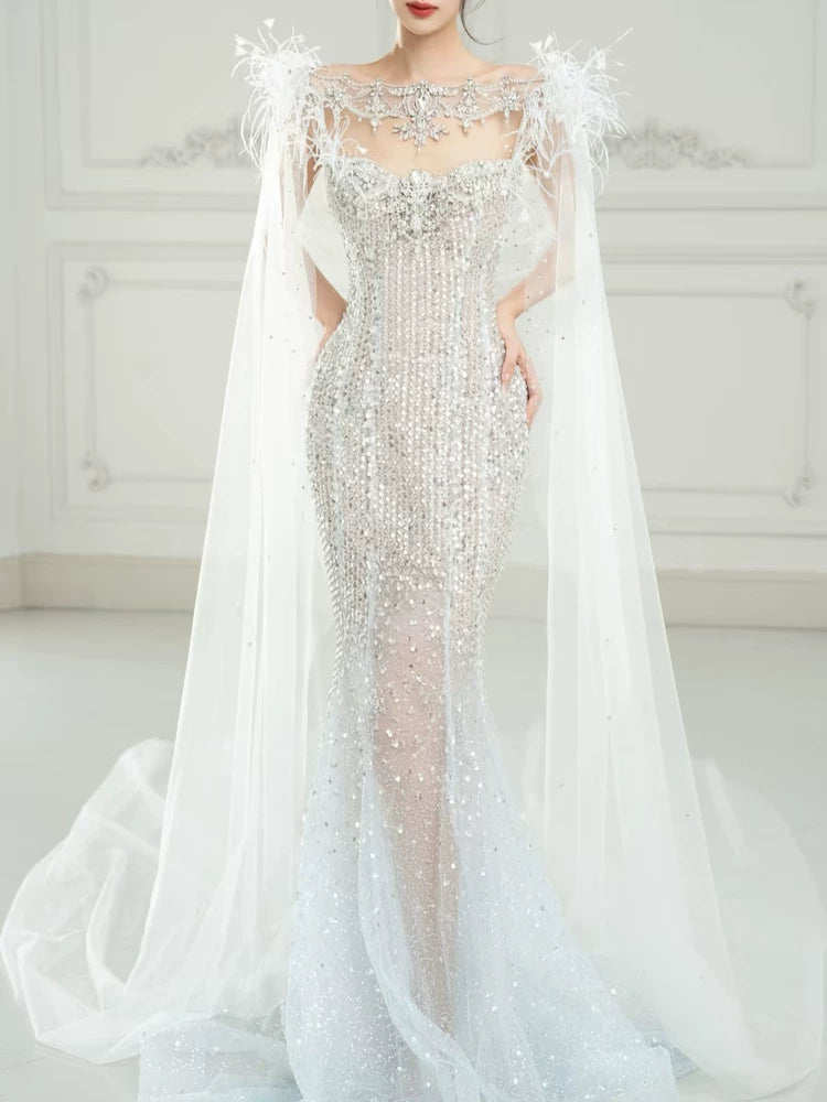 Robe de soirée sirène luxueuse à sequins avec cape, robe de bal longue pour les fêtes, tenue pour un 19e anniversaire AB2326
