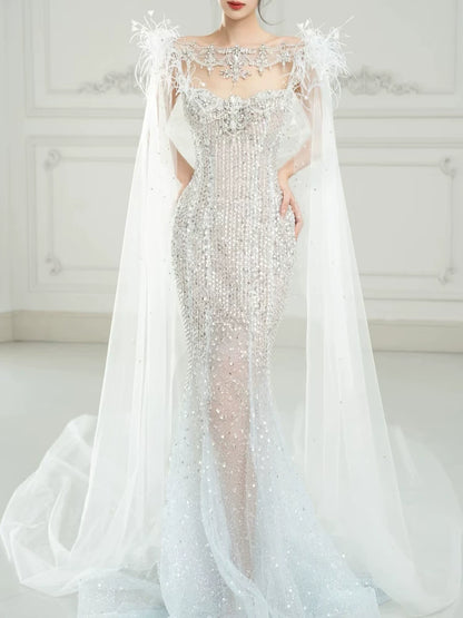 Robe de soirée sirène luxueuse à sequins avec cape, robe de bal longue pour les fêtes, tenue pour un 19e anniversaire AB2326