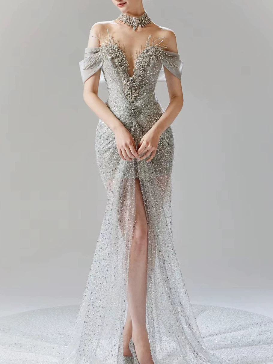 Robe de soirée sirène gris argenté vintage, épaules dénudées, ornée de perles, robe de bal longue, tenue d'anniversaire AB2314