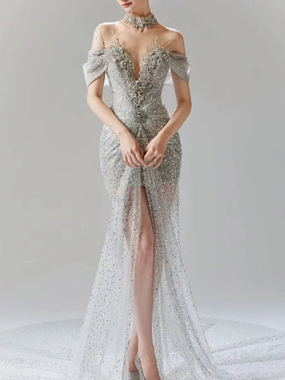 Robe de soirée sirène gris argenté vintage, épaules dénudées, ornée de perles, robe de bal longue, tenue d'anniversaire AB2314