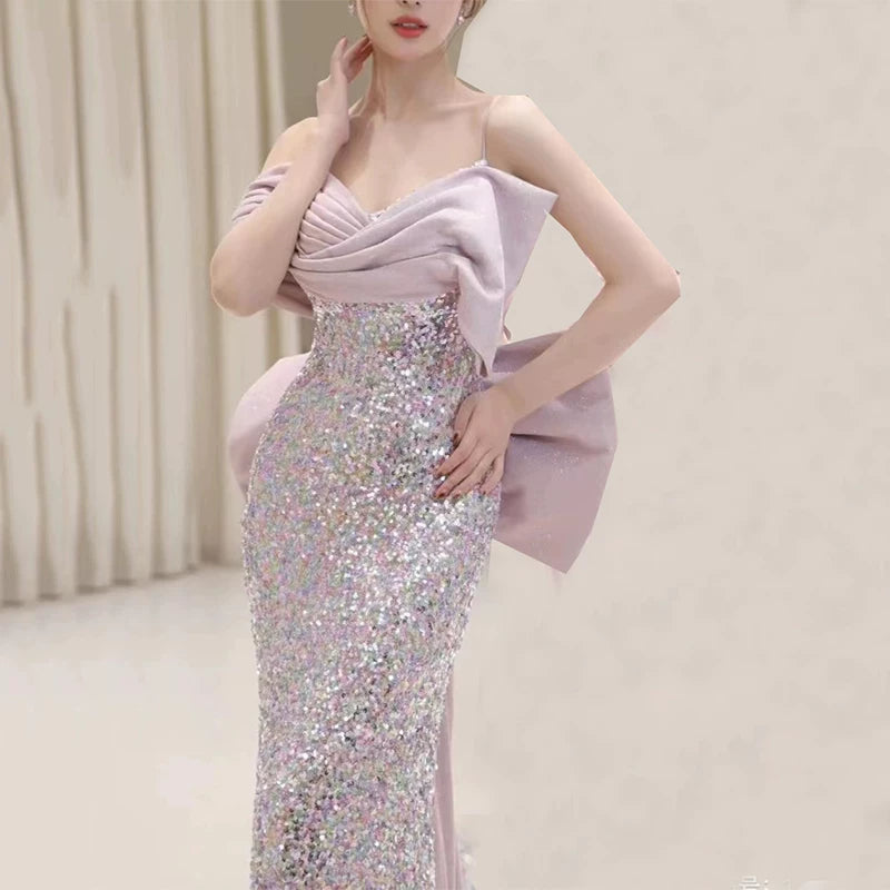 Robe de bal sirène modeste à fines bretelles et sequins lilas, inspiration robe de soirée longue pour un 19e anniversaire AB2320