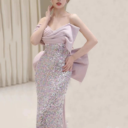 Robe de bal sirène modeste à fines bretelles et sequins lilas, inspiration robe de soirée longue pour un 19e anniversaire AB2320