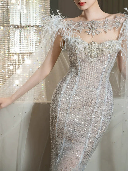 Robe de soirée sirène luxueuse à sequins avec cape, robe de bal longue pour les fêtes, tenue pour un 19e anniversaire AB2326