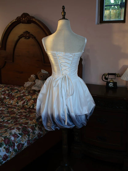 Robe de bal vintage bustier blanche ombrée bleu satinée courte, robe cocktail, tenue d'anniversaire 16 ans, robe de soirée AB2383