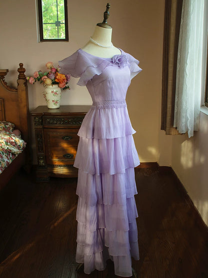 Robe de bal vintage lilas à col rond et plis, style trapèze, idéale pour une soirée longue ou un anniversaire de 18 ans (AB2366)