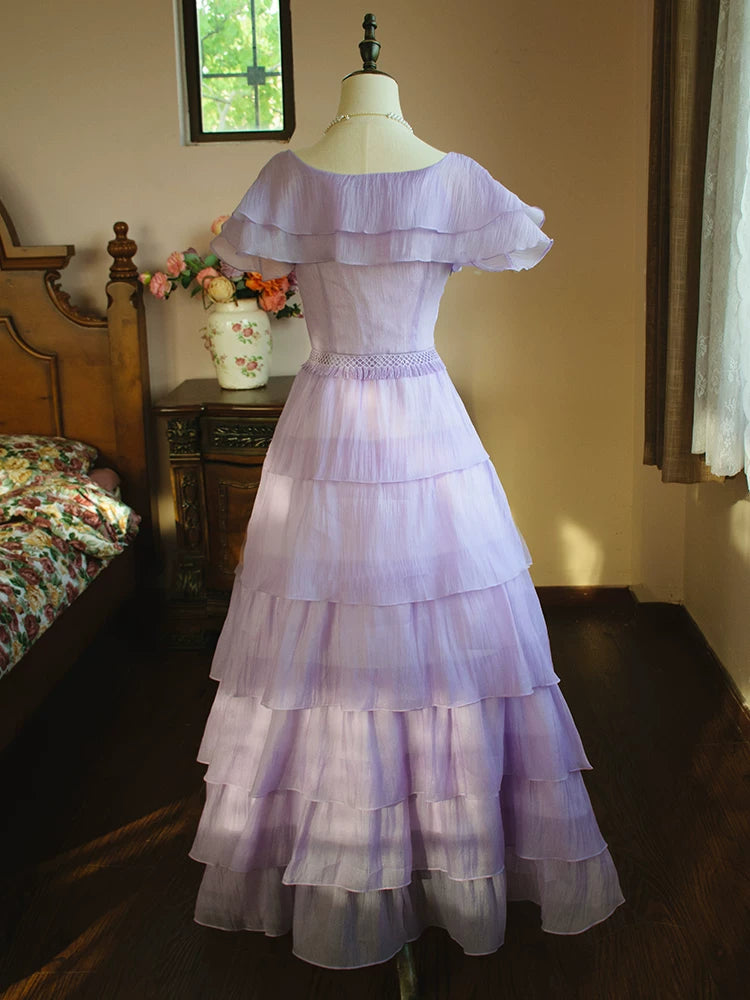 Robe de bal vintage lilas à col rond et plis, style trapèze, idéale pour une soirée longue ou un anniversaire de 18 ans (AB2366)