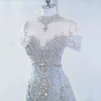 Glitzerndes Meerjungfrauen-Abendkleid, schulterfrei, Pailletten, langes Ballkleid, Partykleid, Outfit zum 21. Geburtstag AB2321