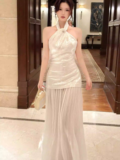 Robe de bal élégante sirène ivoire longueur cheville, dos nu, tenue pour une soirée d'anniversaire ou un 17e anniversaire AB2484