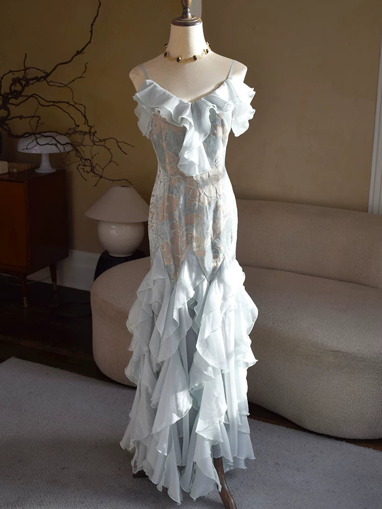 Robe de bal sirène vintage années 1960, bretelles spaghetti, mousseline bleu ciel clair, inspiration robe de soirée longue, tenue pour un 18e anniversaire AB2388