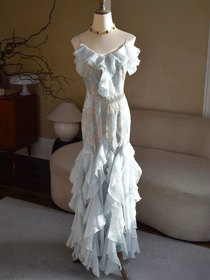 Robe de bal sirène vintage années 1960, bretelles spaghetti, mousseline bleu ciel clair, inspiration robe de soirée longue, tenue pour un 18e anniversaire AB2388