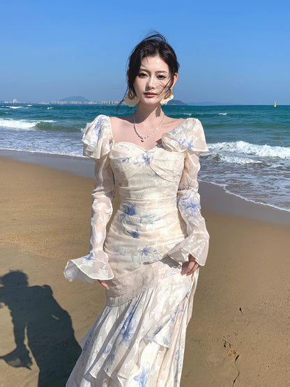 Robe de bal sirène élégante à col carré et manches longues en mousseline bleue à imprimé floral, idéale pour une soirée d'anniversaire ou un 16e anniversaire (AB2466)