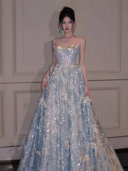 Robe de bal bustier bleu clair à sequins et perles, inspiration robe de soirée longue, tenue pour un 20e anniversaire AB2234