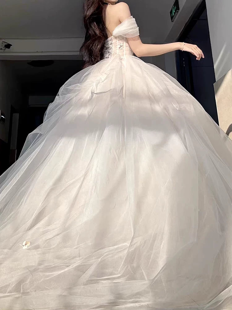 Robe de bal princesse épaules dénudées en tulle champagne, inspiration robes de soirée longues, tenues pour un 20e anniversaire AB2237