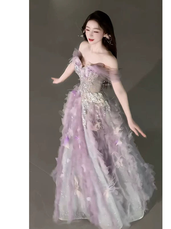 Robe de bal rose en tulle à épaules dénudées, inspiration pour une longue soirée ou un anniversaire (20 ans) AB2238