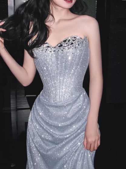 Robe de bal fourreau sans bretelles à paillettes bleues, inspiration robe de soirée longue, tenue pour un 20e anniversaire AB2239
