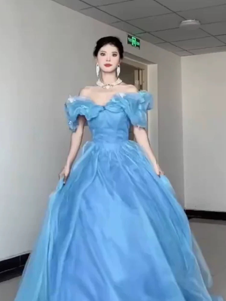 Prinzessinnen-Ballkleid, schulterfrei, blau, Inspiration für lange Party-Nachtkleider, Outfits zum 20. Geburtstag AB2240