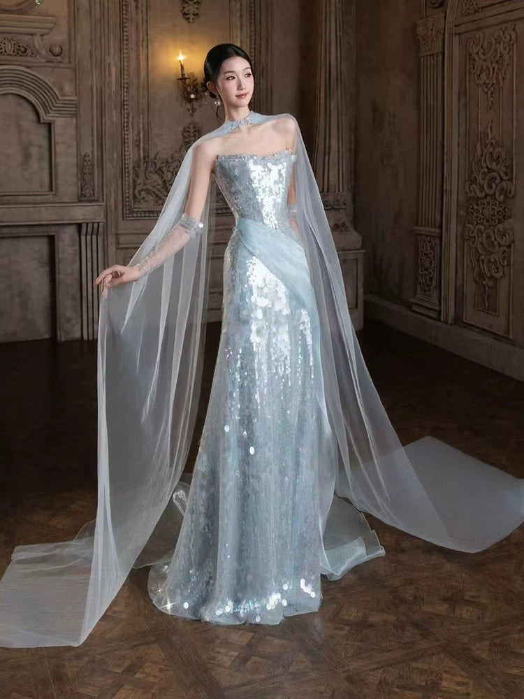Robe de bal sirène sans bretelles à sequins bleu ciel clair, inspiration robe de soirée longue pour un 19e anniversaire AB2262