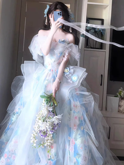 Robe de bal unique bleue à épaules dénudées et manches courtes - Inspiration robes de soirée - Tenues pour un 16e anniversaire AB2257