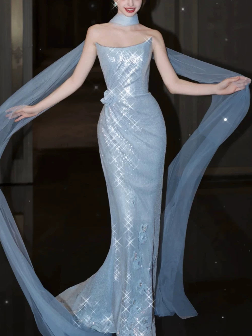 Robe de bal sirène bustier bleu à sequins avec foulard, inspiration robe de soirée longue pour un 21e anniversaire AB2290