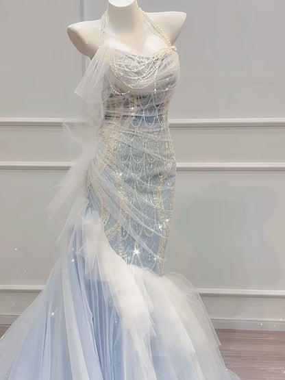 Robe de bal sirène modeste, épaules dénudées, en tulle bleu orné de perles, inspiration robe de soirée longue pour un 21e anniversaire AB2289