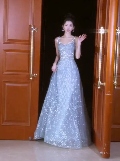 Magnifique robe de bal bleue à sequins, col carré, longue, idéale pour un bal de fin d'année, une soirée, un anniversaire de 16 ans ou une remise de diplôme (AB2242).