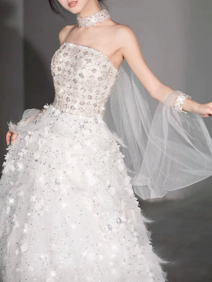 Robe de bal modeste sans bretelles à sequins blancs, inspiration robe de soirée longue pour un 21e anniversaire AB2294