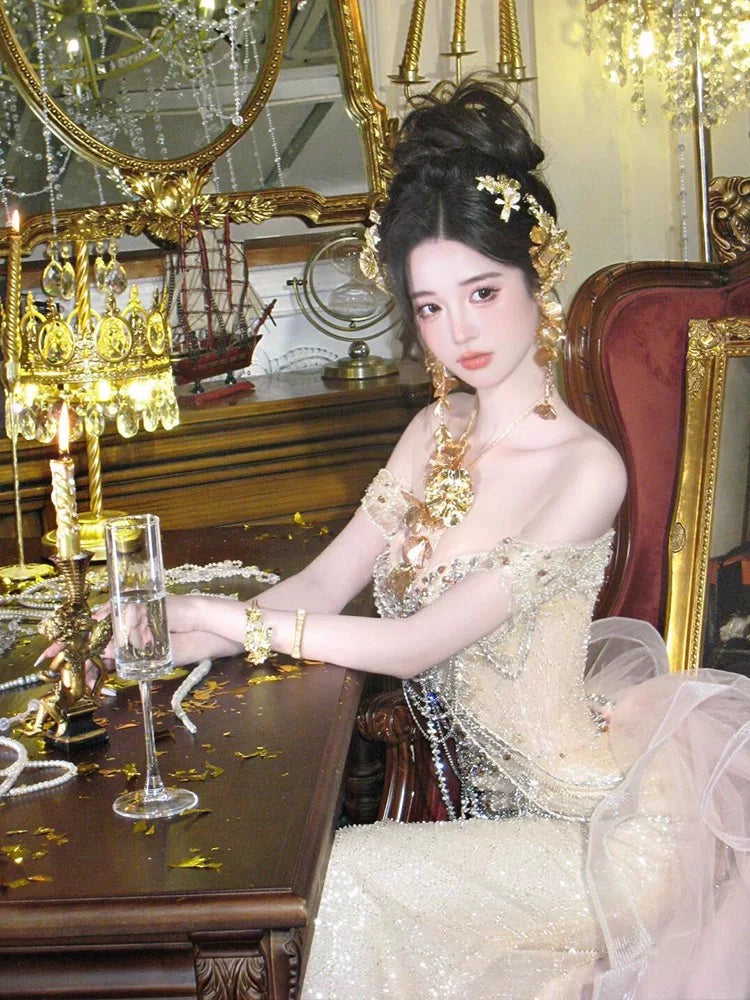 Robe de bal longue à sequins champagne, épaules dénudées, style sirène sexy, idéale pour les fêtes, les 16 ans et les remises de diplômes (AB2243)