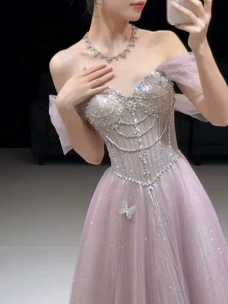 Robe de bal longue à paillettes roses, bustier et coupe trapèze, inspiration pour une soirée d'anniversaire de 20 ans (AB2253)